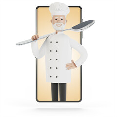 Chef at the smartphone screen. Online cooking courses, proper cooking. Delivery from the restaurant 3D illustration in cartoon style.