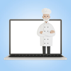Restaurant staff team at the laptop screen. Delivery from the restaurant 3D illustration in cartoon style.