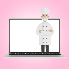 Restaurant staff team at the laptop screen. Delivery from the restaurant 3D illustration in cartoon style.