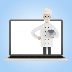 Restaurant staff team at the laptop screen. Delivery from the restaurant 3D illustration in cartoon style.