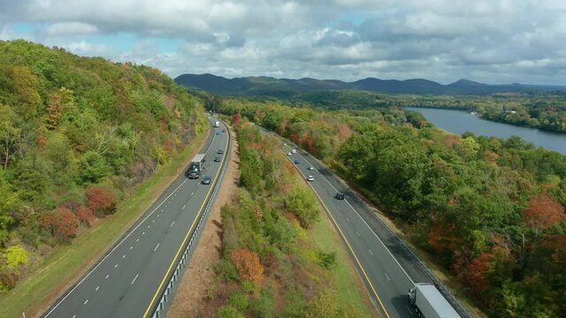 flying over middle of interstate 91 in the early autumn