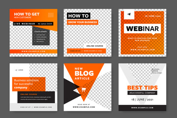 Set of editable square social media post templates with modern orange accent. Business graphics for business purposes and place for photos