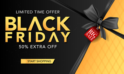 vector banner template black friday with black ribbons, black friday poster in yellow and black background