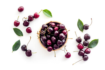 Ripe juicy cherries berries background. Overhead view, flat lay