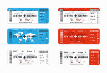 Set of realistic airline ticket design with passenger name. Vector illustration - obrazy, fototapety, plakaty