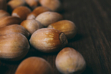 Pile of nuts. Hazelnuts. Whole nuts. Macro photo.