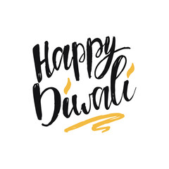 Happy Diwali handwritten lettering. Modern hand drawn calligraphy isolated on white background for your poster, postcard, invitation or greeting card design.
