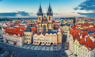 Panorama of Prague Old Town historical centre Stare Mesto Old Town Square Staromestske namesti with Gothic Church of Our Lady before Tyn. Aerial panoramic view of Prague city, Czech Republic