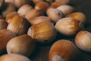 Pile of nuts. Hazelnuts. Whole nuts. Macro photo.