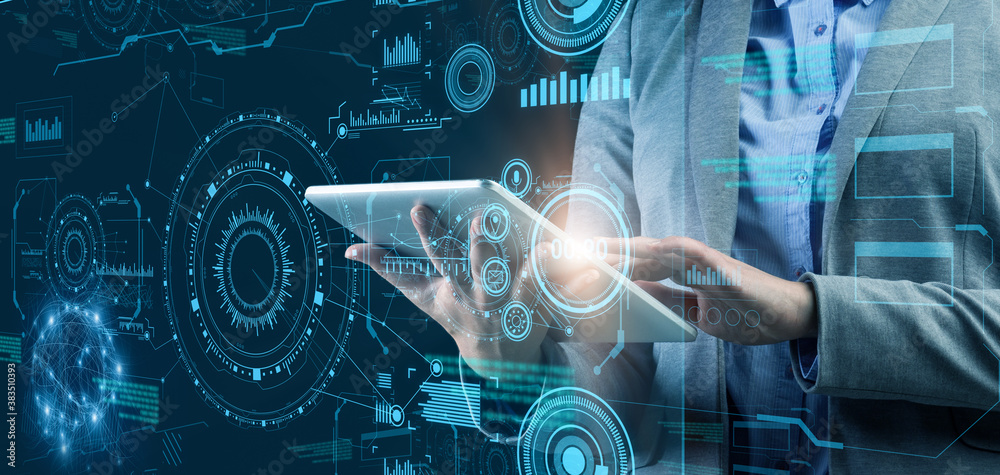 Poster Female manager using digital tablet to analyze business and financial data, collage with interactive user interface