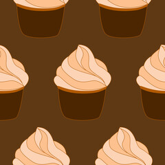 Seamless pattern with cupcakes. Vector hand drawn Illustration. Dessert isolated on brown background. Can be used as packaging, wrapping paper, wallpaper