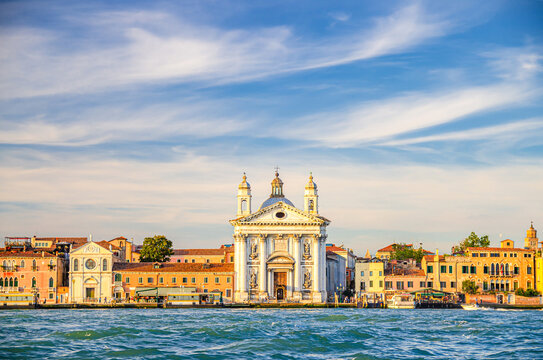 Chiesa di Santa Maria del Rosario church on embankment of Fondamenta Zattere Ai Gesuati in Venice city historical centre Dorsoduro sestiere, view from water of Giudecca canal, Veneto Region, Italy