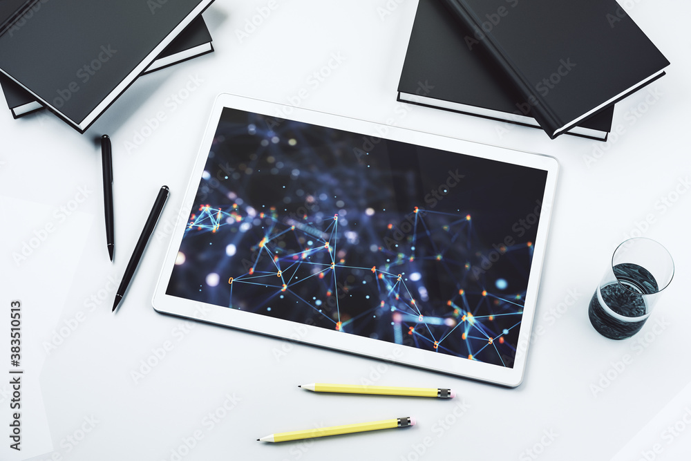 Poster Creative abstract wireless technology hologram on modern digital tablet display, artificial intelligence and machine learning concept. Top view. 3D Rendering