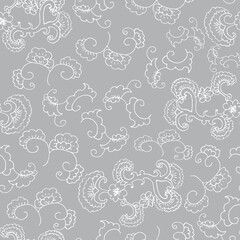 Doodle seamless pattern. Floral ornament. Wallpaper, textile or wrapping paper. Gray background. Hand drawn Vector illustration