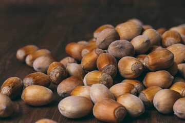Pile of nuts. Whole nuts. Hazelnuts. Corylus avellana. Macro photo, close up, on dark wooden background.