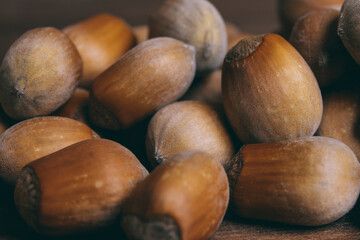 Pile of nuts. Hazelnuts. Whole nuts. Macro photo.