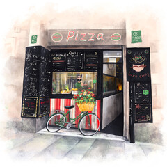 Street pizzeria with a cheerful Italian chef. Digital drawing as watercolor