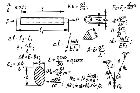 Physical notation with the equations, figures, schemes, plots and other calculations on whiteboard. Handwritten vector illustration. Scientific and educational background.