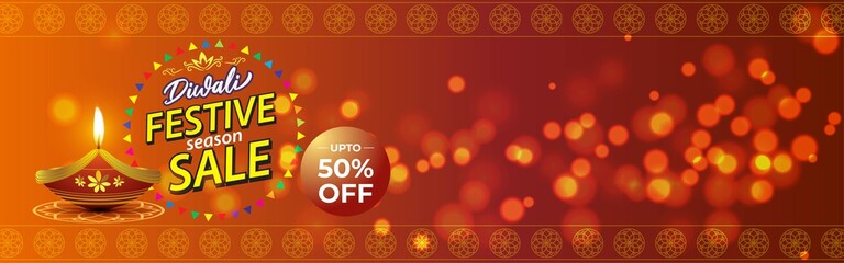 Diwali Festive Season Sale banner, 50% off,  on beautiful bokeh backgrund. Dipawali, Indian festival, diya lamp, oil lamp, colorful bokeh background, vector illustration offer banner, advertisement