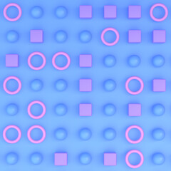 3d top view flat lay square abstraction cubes balls bagels multicolored pink purple blue