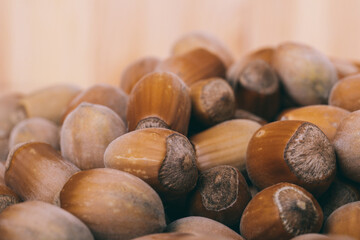 Pile of nuts.Hazelnuts. Whole nuts. Corylus avellana. Macro photo, close up.