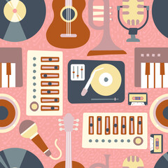 Seamless pattern of musical instruments for a poster, abstract banner, background, or map for a holiday, music festival, party, or event. Vector cartoon illustration