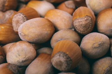 Pile of nuts.Hazelnuts. Whole nuts. Corylus avellana. Macro photo, close up.