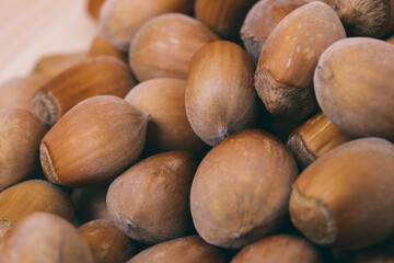 Pile of nuts.Hazelnuts. Whole nuts. Corylus avellana. Macro photo, close up.