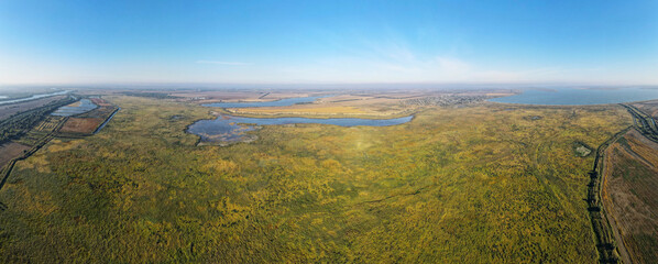 Fototapeta na wymiar AERIAL VIEV ON LUNG AND KATLABUKH LAKES, IZMAIL RAION, ODESSA OBLAST, UKRAINE