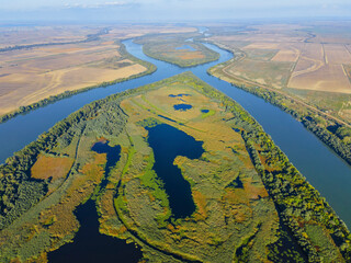 Aerial view on Tataru & Daler islands, Danube river, Izmail, Odessa oblast, Ukraine, Eastern Europe