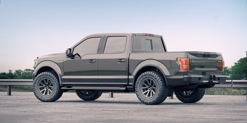 Fototapeta na wymiar 3D rendering of a brand-less generic pickup truck in studio environment 