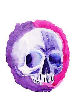 Watercolor grunge sketch painting of violet skull on violet & rose background. Ideal for t-shirt, tattoo or decoration. Stock abstract colorful skull illustration with distinctive watercolor splashes.