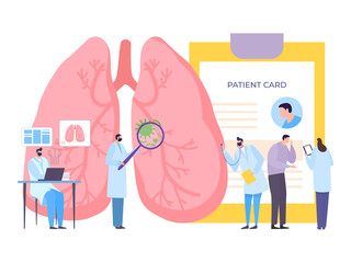 Doctor health treatment and care in flat clinic, vector illustration. Lung pulmonology medicine diagnosis, patient check in hospital. Organ disease and people respiratory illness concept.