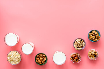 Dairy free milk protein nuts drink. Top view, copy space