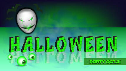 3d halloween text with reflection. Abstract hazy green background with scary face, bats silhouettes and eyes. Party oct.31. EPS10
