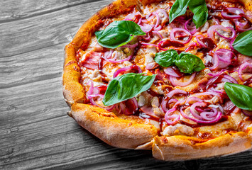 Pizza with chicken and barbeque sauce . Italian pizza on wooden table background