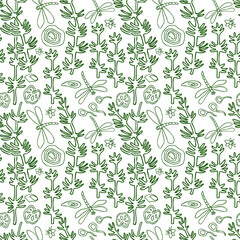 Fototapeta premium Seamless background of outlines water plants and insects