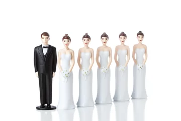 Fotobehang Multiple Marriage or Divorce Concept of Groom with Replacement Brides Lined Up © Christine Glade