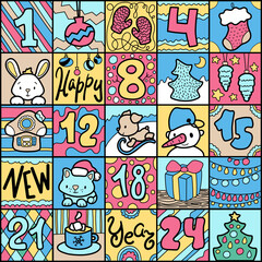 Fototapeta premium Cute doodle advent calendar with funny animals, square format for 25 days. Handdrawn advent calendar for kids. Square calendar with New Year decor. Christmas greeting card with funny doodles