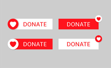 Voluntary and donation concept. Donate button icons. White and red buttons with white and red hearts symbol on grey background