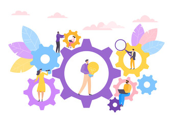 Business flat people teamwork at gear concept, vector illustration. Mechanism application and cartoon communication technology. Man woman character near cogwheel, management design.