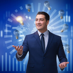 Businessman juggling lightbulbs in new idea concept