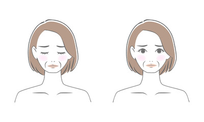 中年の女性の顔　手描き線画イラスト　ネガティブな表情
