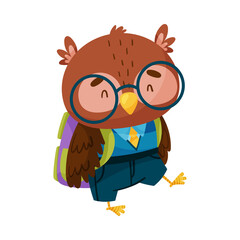 Funny Owl in Glasses and with Backpack Going to School Vector Illustration