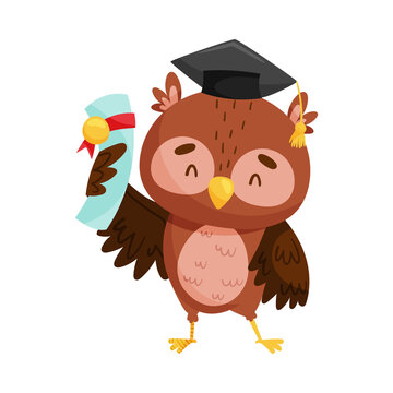 Funny Owl in Graduation Hat Holding Diploma Certificate Vector Illustration