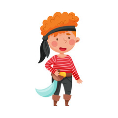 Cheerful Boy in Pirate Costume with Tied Bandana and Sword Vector Illustration