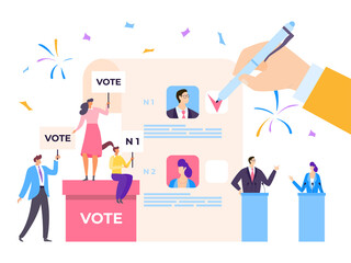 Election campaign, vector illustration. President candidate vote, flat political debate with people from government concept. Public politics speech, cartoon choice ballot and people voting design.