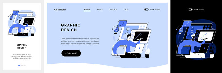 Graphic design website UI kit. Design studio, graphic designer, hire online, landing web page, UI, menu element, freelance illustrator, creative service landing and mobile app vector UI template.