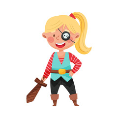 Funny Girl Standing in Pirate Costume and Wooden Sword Vector Illustration