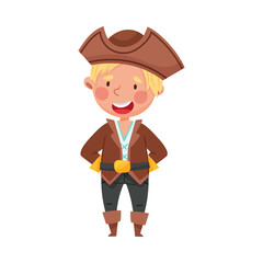 Playful Kid Standing in Pirate Costume Wearing Hat Vector Illustration